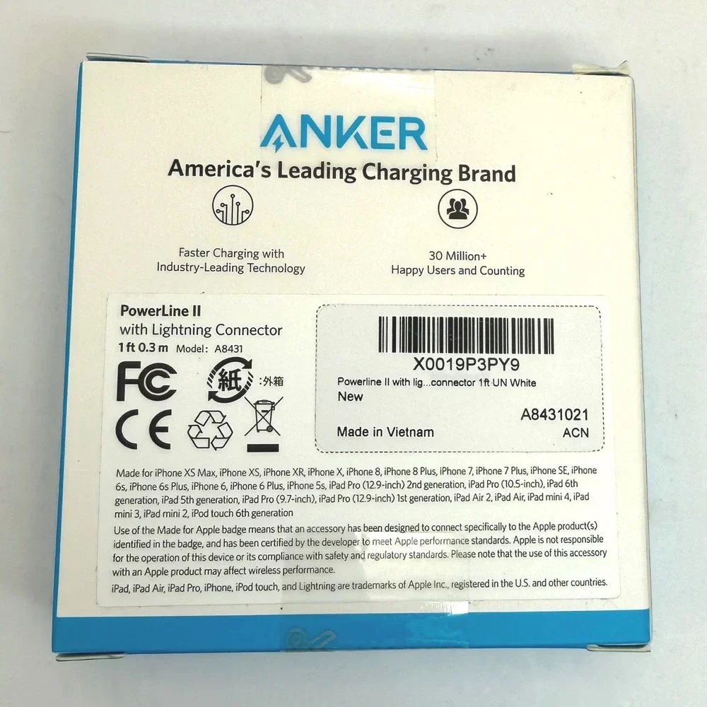 Anker PowerLine II Lightning Cable 1ft 0.3m White MFi Certified NEW Sealed A8431